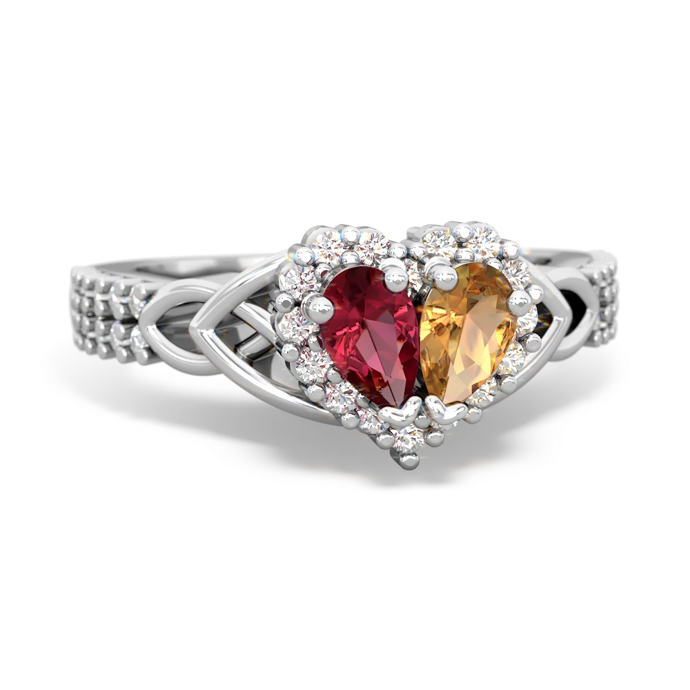 Lab Ruby Celtic Knot Two Hearts As One 14K White Gold ring R2644HRT