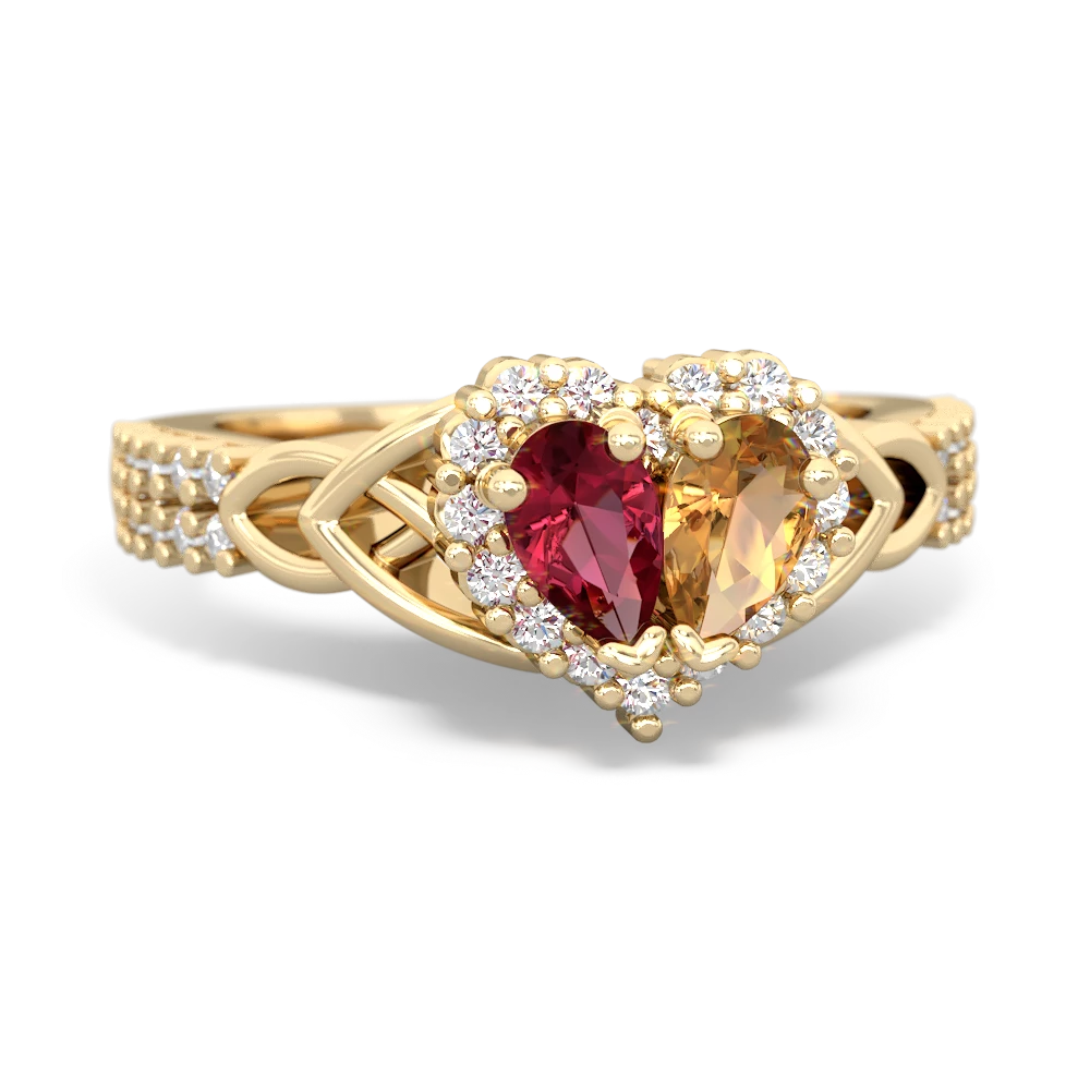 Lab Ruby Celtic Knot Two Hearts As One 14K Yellow Gold ring R2644HRT