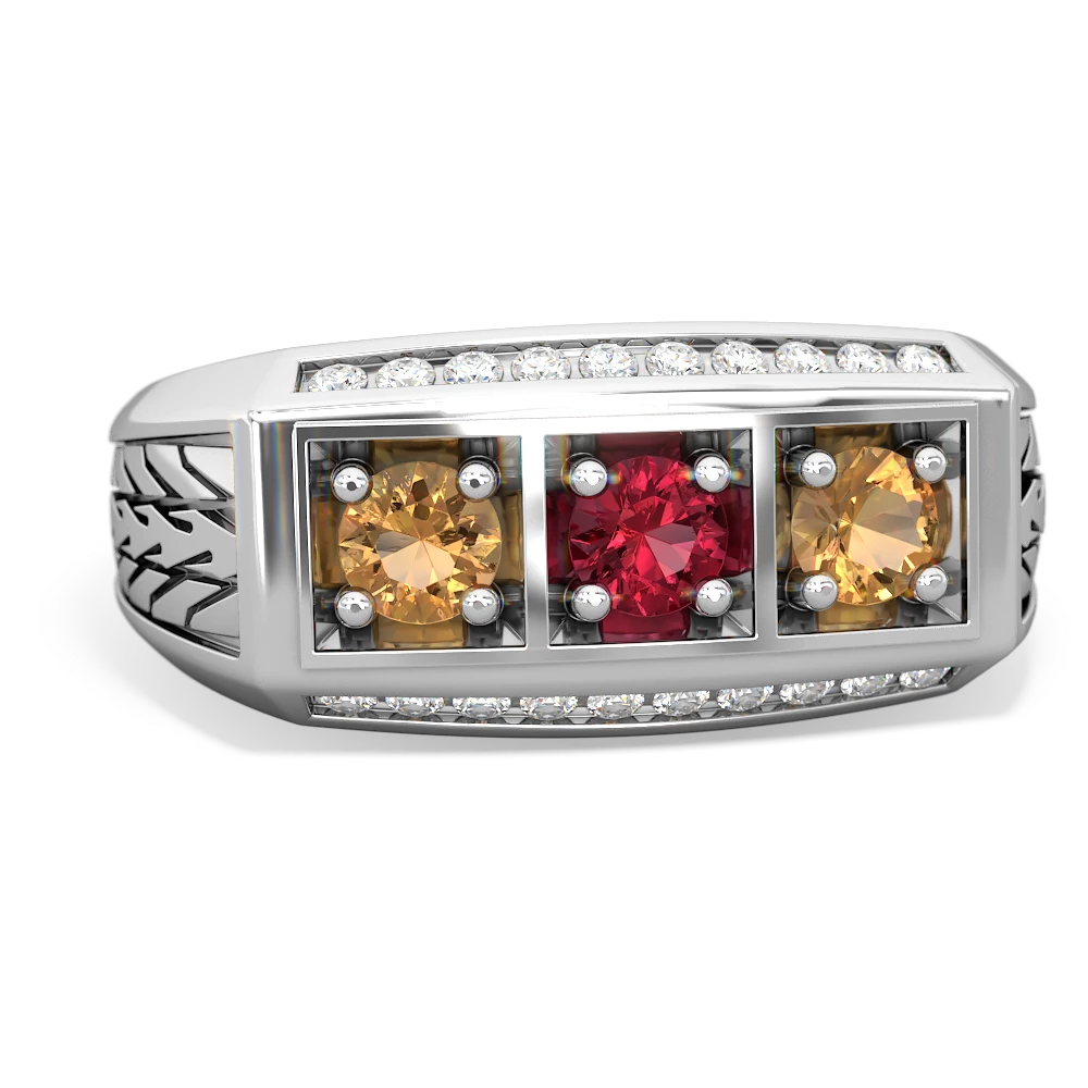 Lab Ruby Three Stone Tire Tread Men's 14K White Gold ring R0520