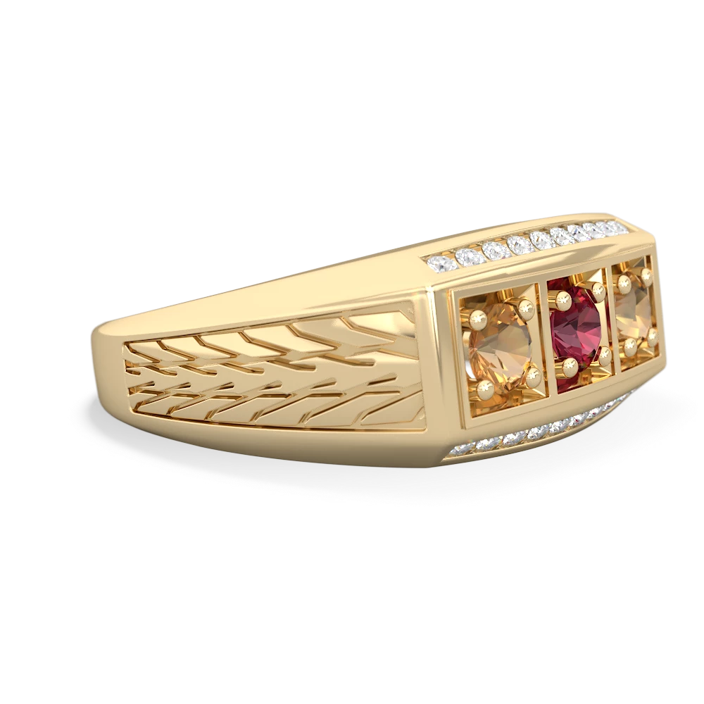 Lab Ruby Three Stone Tire Tread Men's 14K Yellow Gold ring R0520