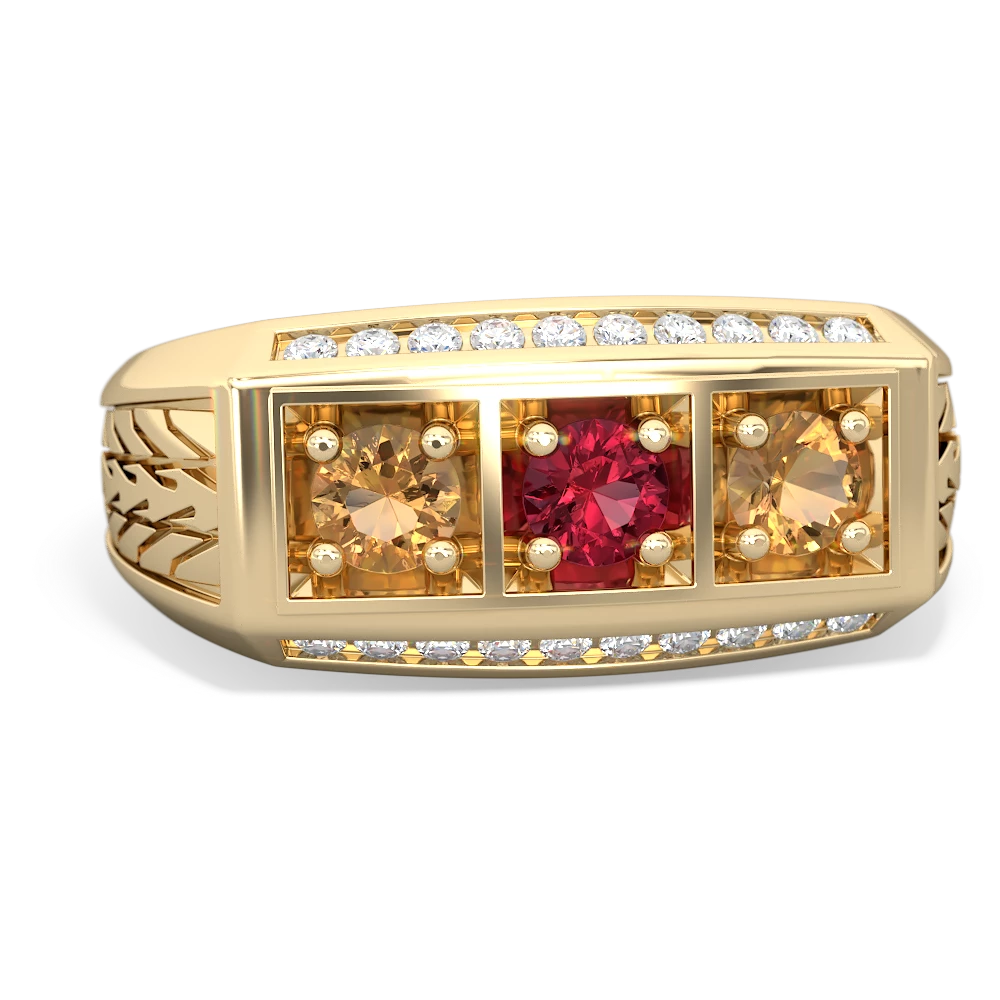 Lab Ruby Three Stone Tire Tread Men's 14K Yellow Gold ring R0520