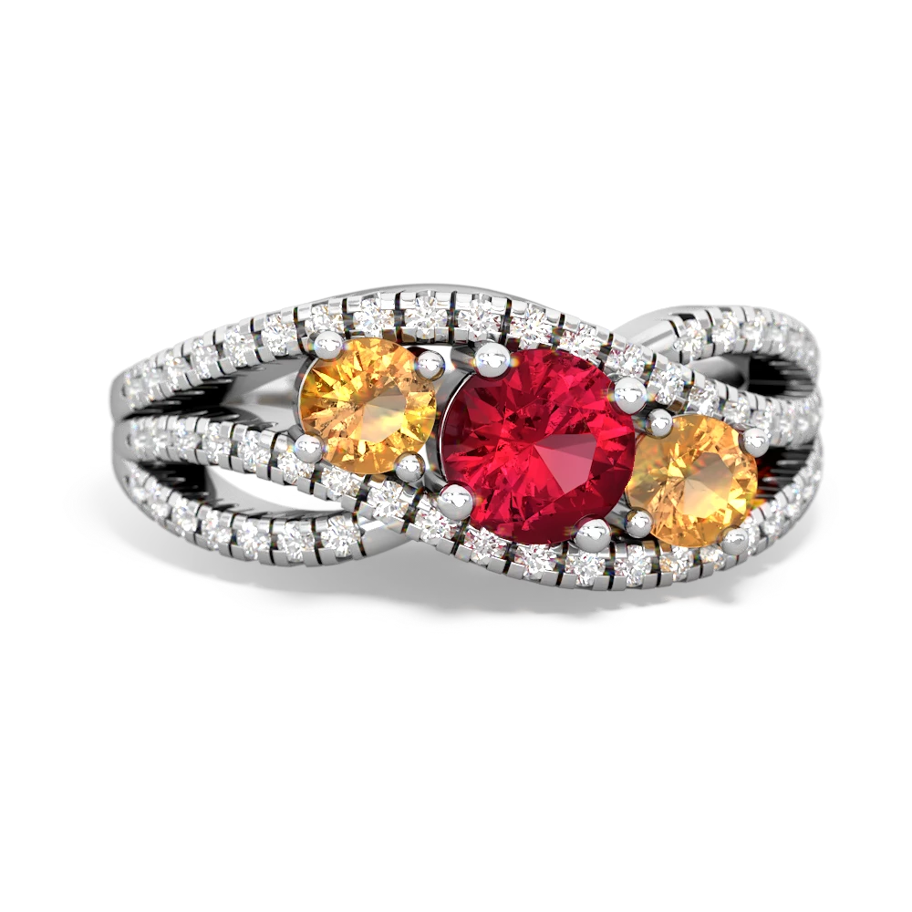 Lab Ruby Three Stone Aurora 14K White Gold ring R3080