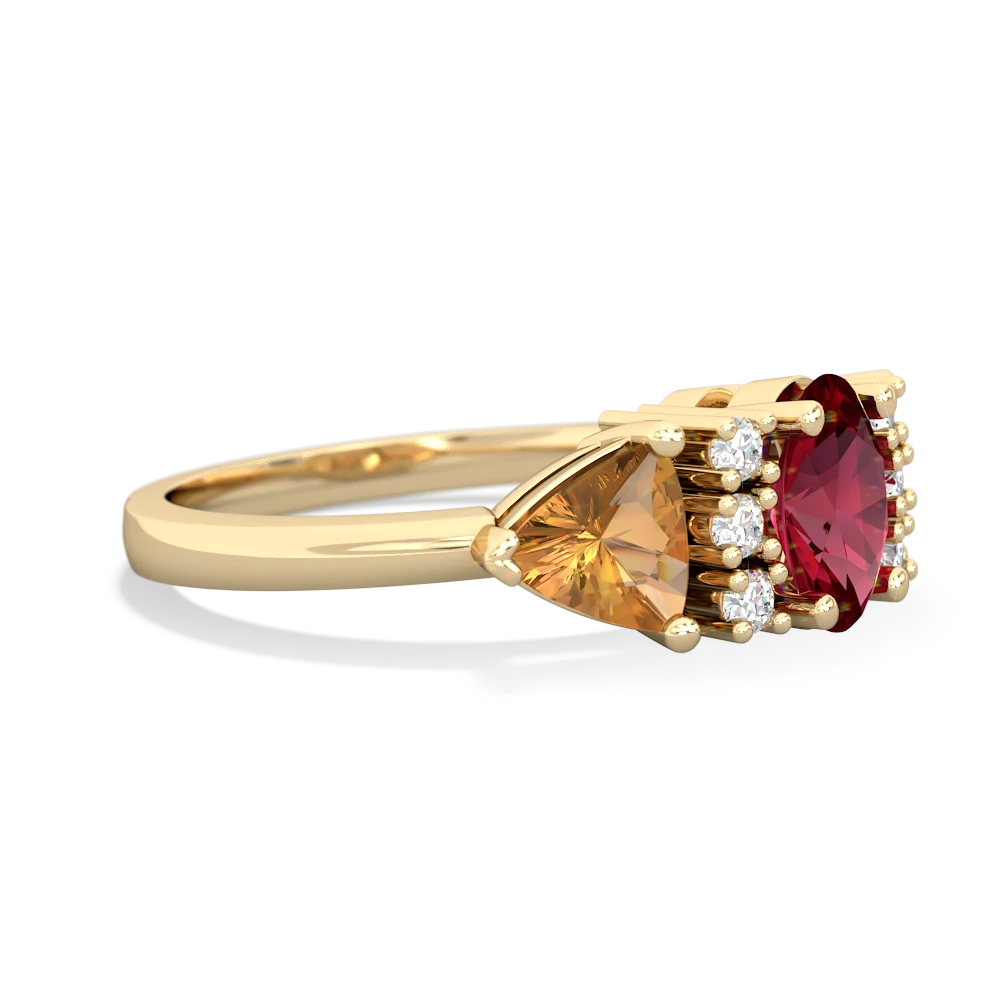 Lab Ruby Antique Style Three Stone 14K Yellow Gold ring R2186