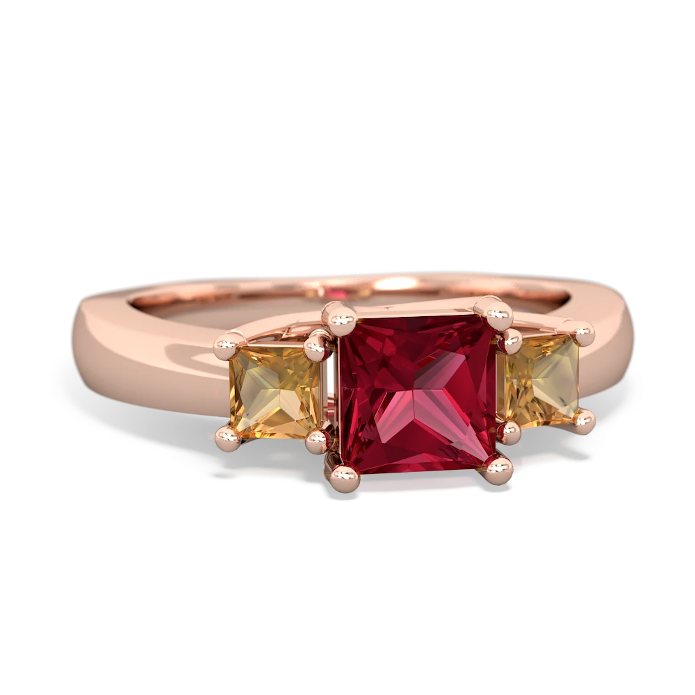 Lab Ruby Three Stone Trellis 14K Rose Gold ring R4015