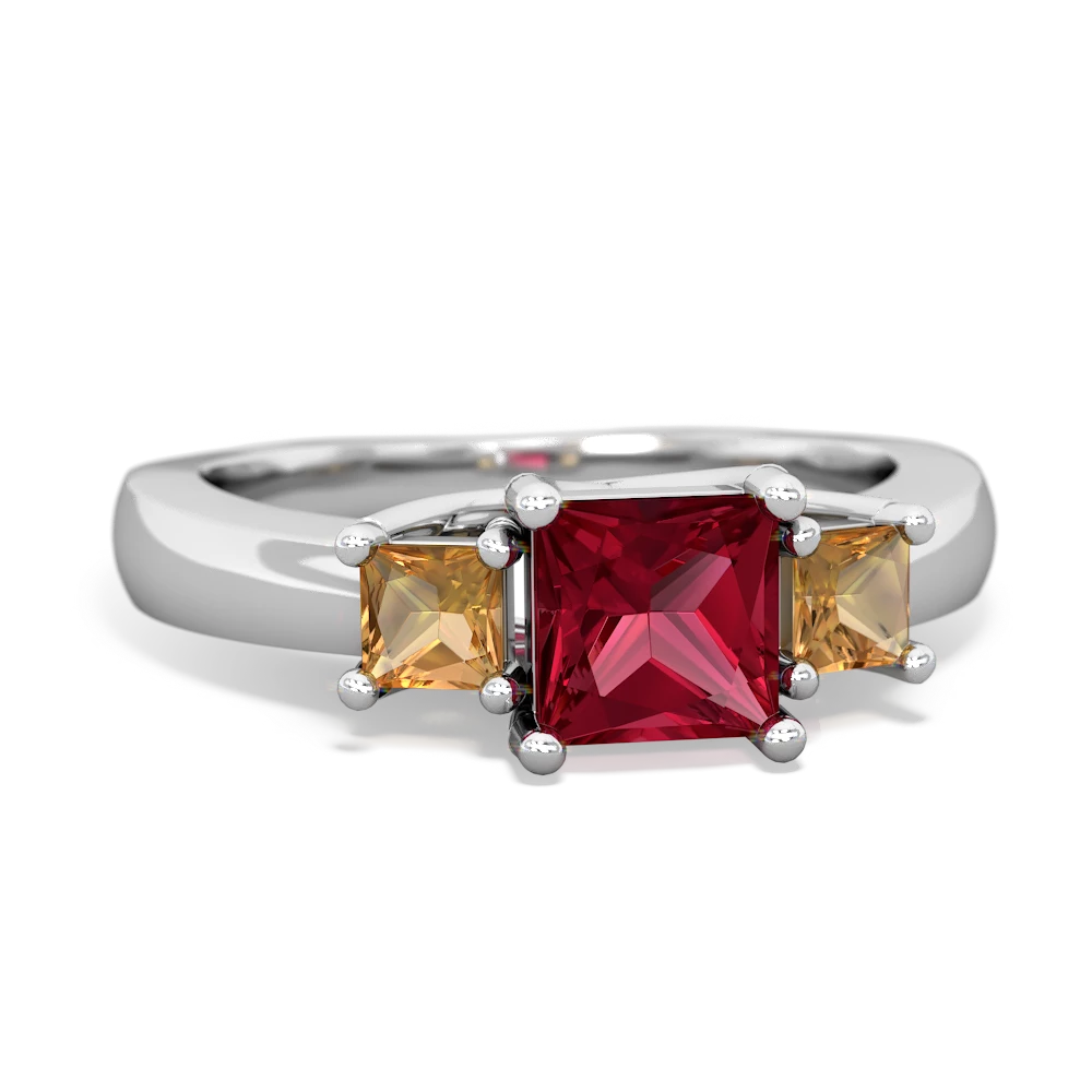 Lab Ruby Three Stone Trellis 14K White Gold ring R4015