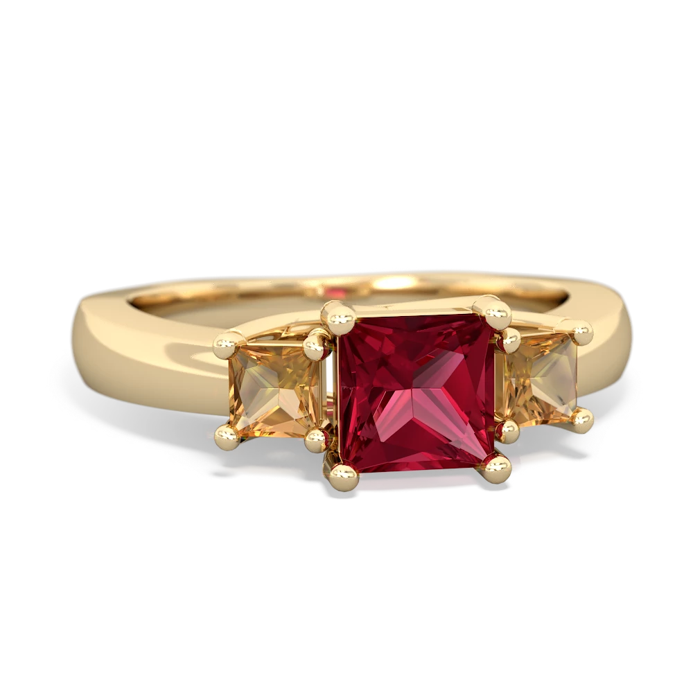 Lab Ruby Three Stone Trellis 14K Yellow Gold ring R4015