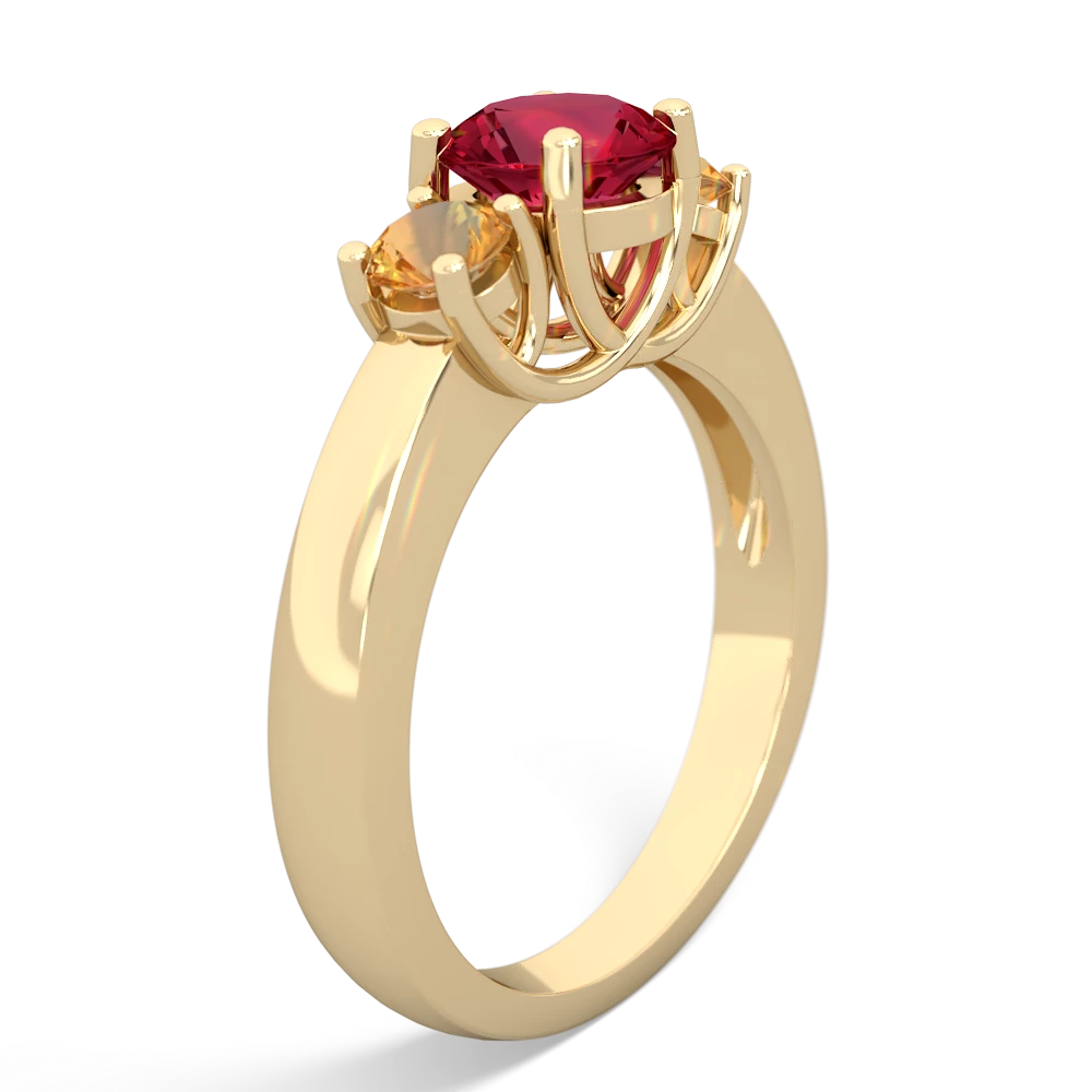 Lab Ruby Three Stone Round Trellis 14K Yellow Gold ring R4018