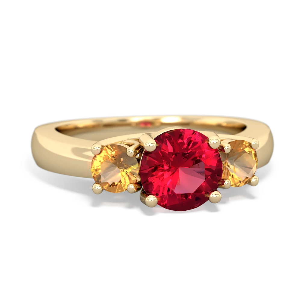 Lab Ruby Three Stone Round Trellis 14K Yellow Gold ring R4018