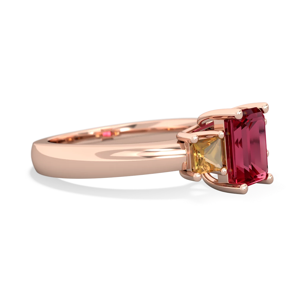 Lab Ruby Three Stone Emerald-Cut Trellis 14K Rose Gold ring R4021