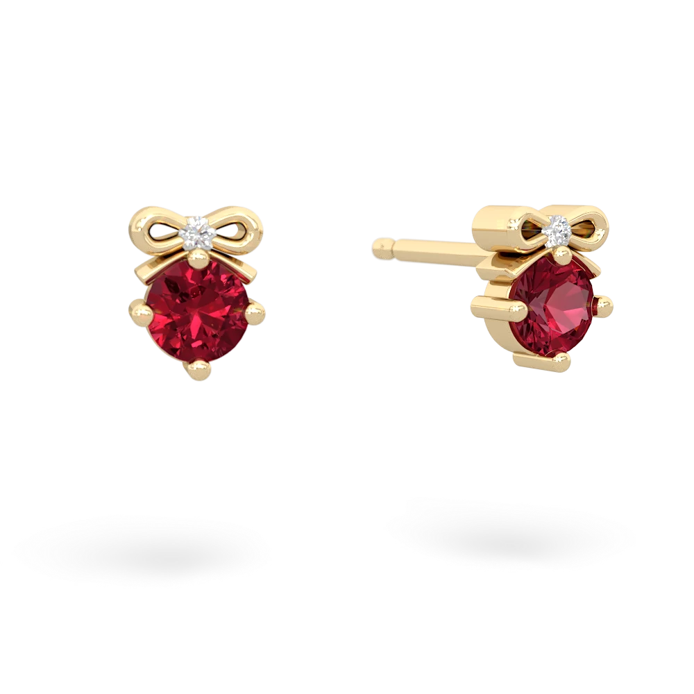 Lab Ruby Diamond Bows 14K Yellow Gold earrings E7002