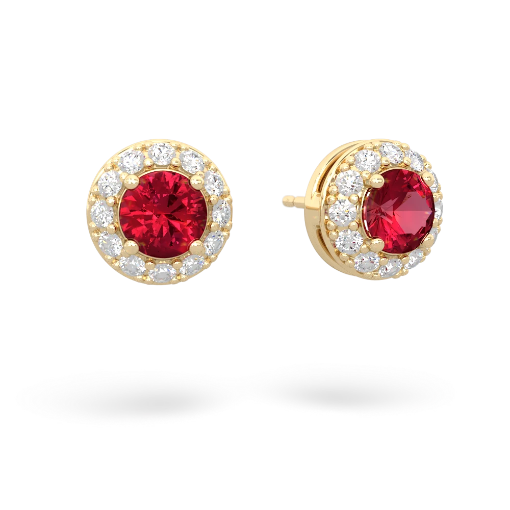 Lab Ruby Diamond Halo 14K Yellow Gold earrings E5370