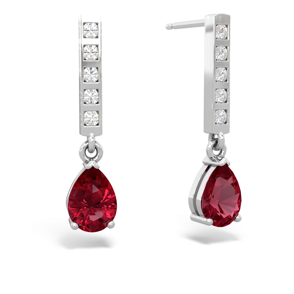 Lab Ruby Art Deco Diamond Drop 14K White Gold earrings E5324