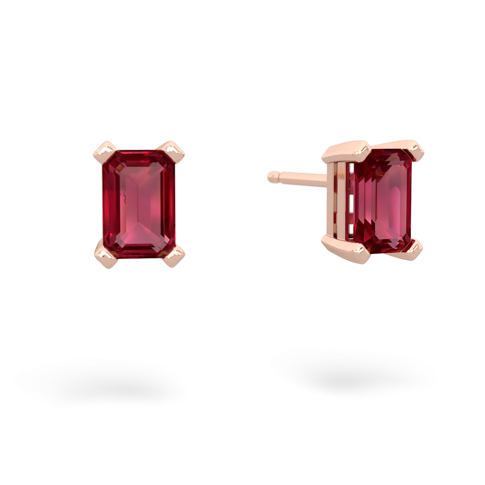 Lab Ruby 6X4mm Emerald-Cut Stud 14K Rose Gold earrings E1855