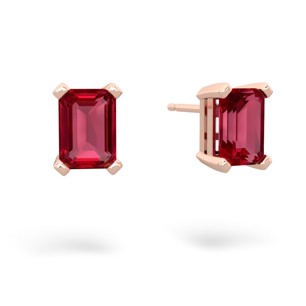 Lab Ruby 7X5mm Emerald-Cut Stud 14K Rose Gold earrings E1856