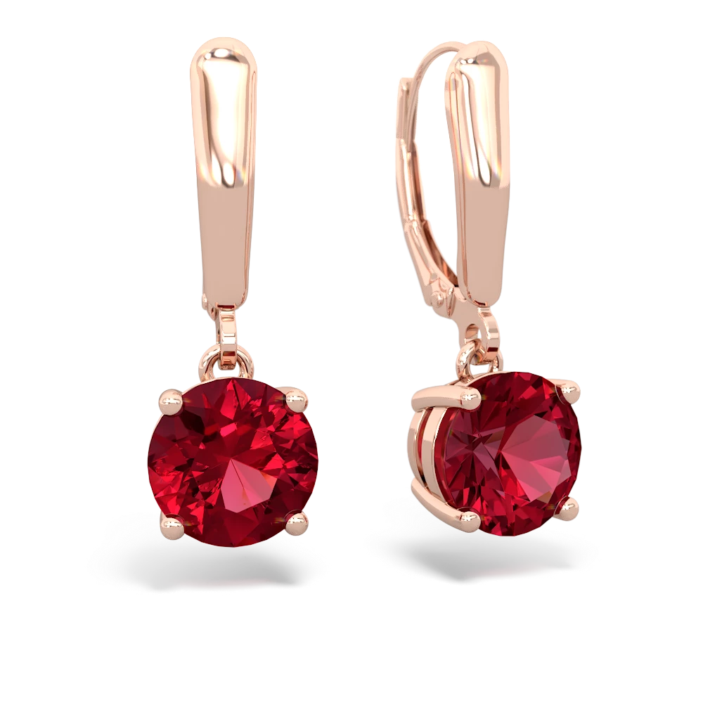 Lab Ruby 8Mm  Round Lever Back 14K Rose Gold earrings E2788