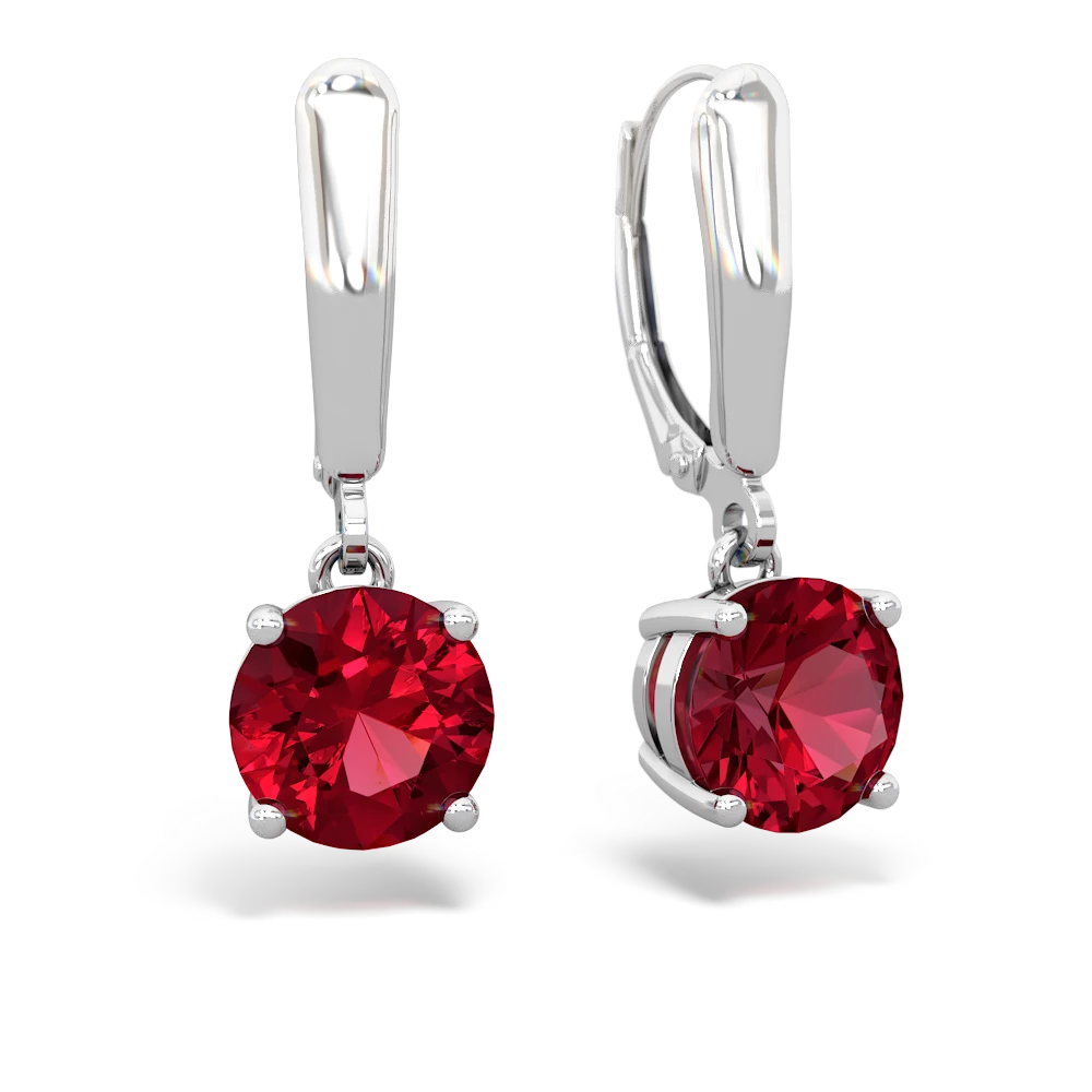 Lab Ruby 8Mm  Round Lever Back 14K White Gold earrings E2788