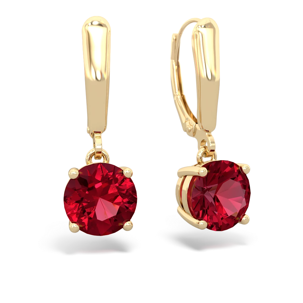 Lab Ruby 8Mm  Round Lever Back 14K Yellow Gold earrings E2788