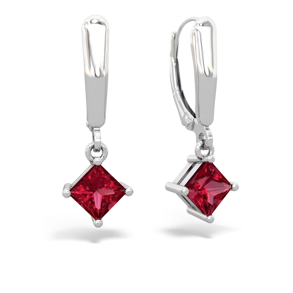 Lab Ruby 6Mm Princess Lever Back 14K White Gold earrings E2789