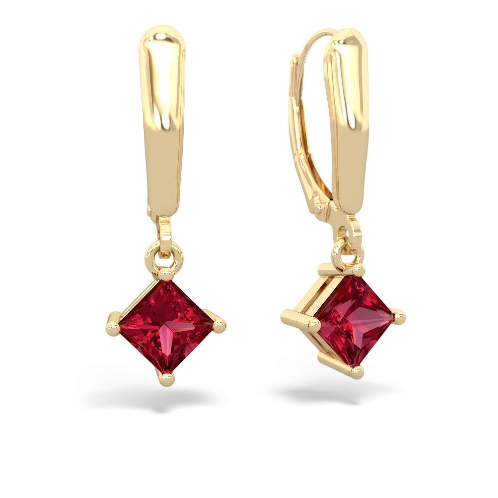 Lab Ruby 6Mm Princess Lever Back 14K Yellow Gold earrings E2789