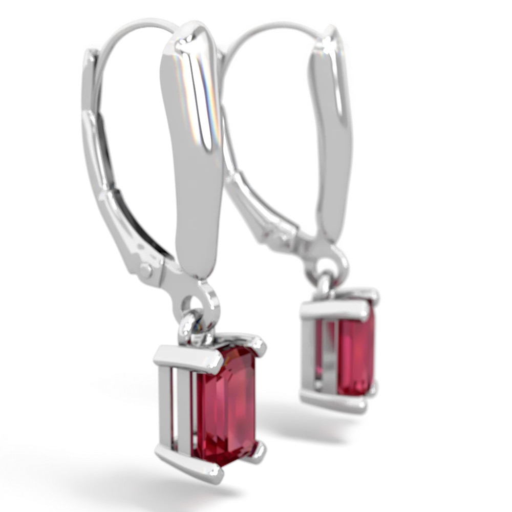 Lab Ruby 6X4mm Emerald-Cut Lever Back 14K White Gold earrings E2855