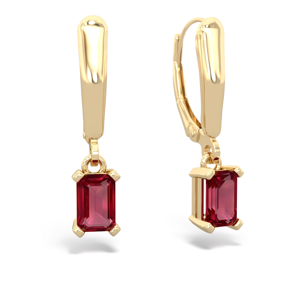 Lab Ruby 6X4mm Emerald-Cut Lever Back 14K Yellow Gold earrings E2855