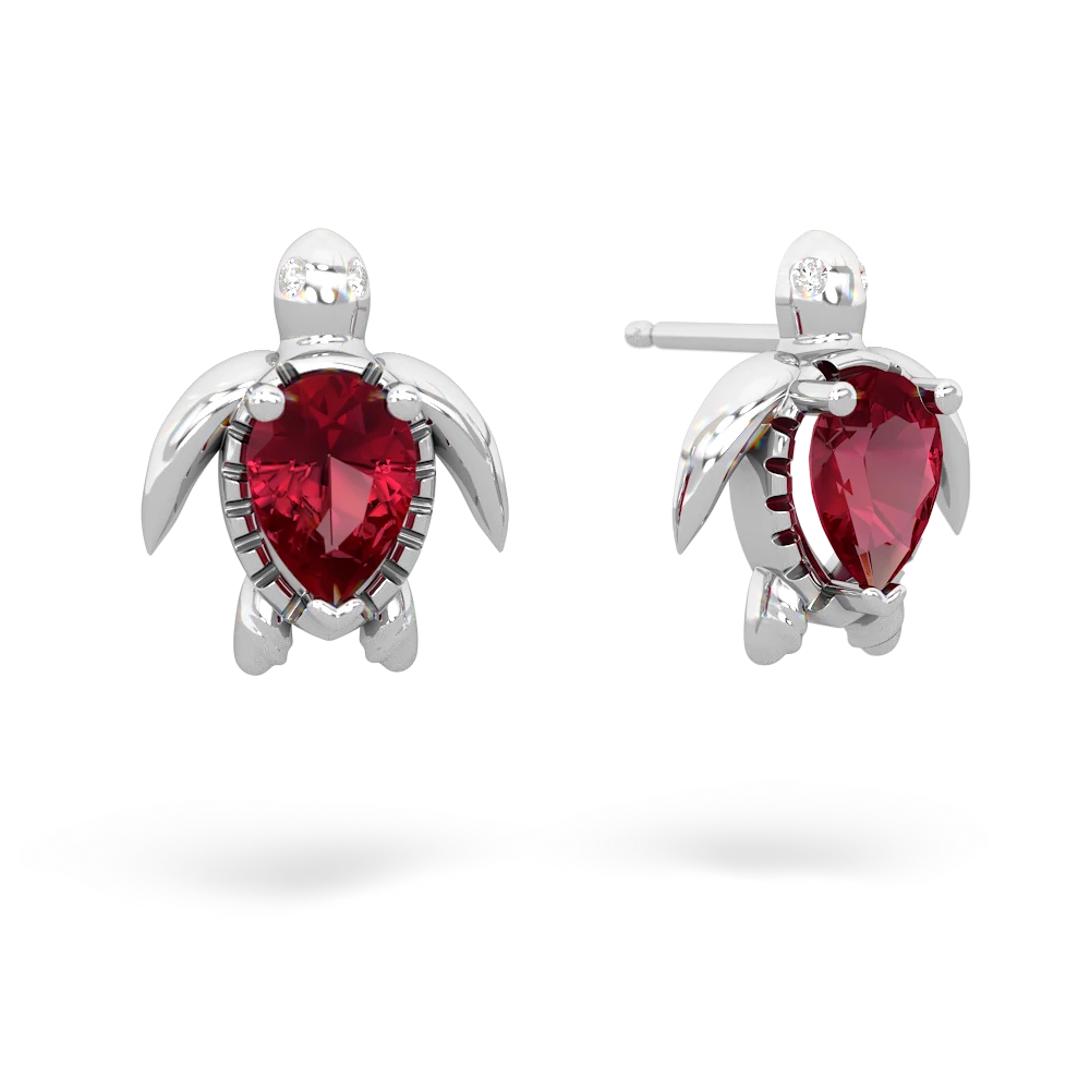 Lab Ruby Baby Sea Turtle 14K White Gold earrings E5241