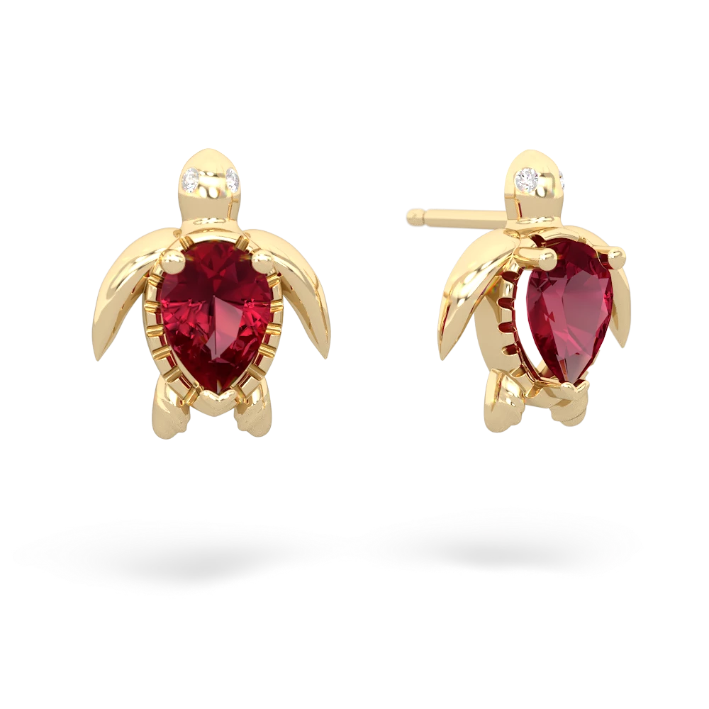 Lab Ruby Baby Sea Turtle 14K Yellow Gold earrings E5241