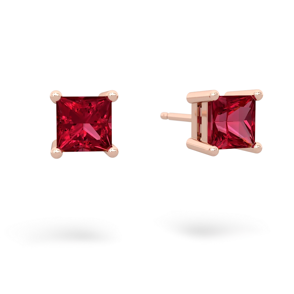 Lab Ruby 5Mm Princess Cut Stud 14K Rose Gold earrings E1789