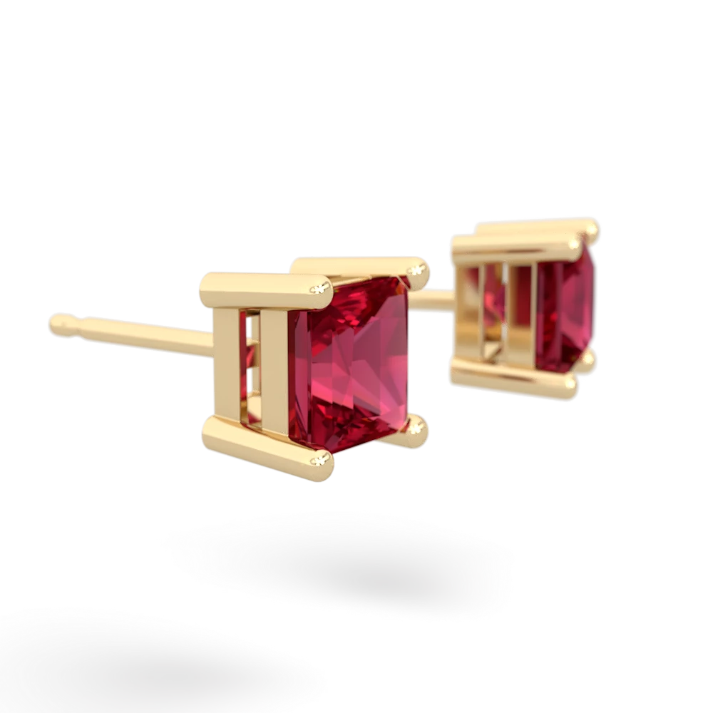 Lab Ruby 5Mm Princess Cut Stud 14K Yellow Gold earrings E1789