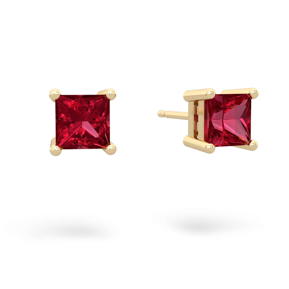 Lab Ruby 5Mm Princess Cut Stud 14K Yellow Gold earrings E1789