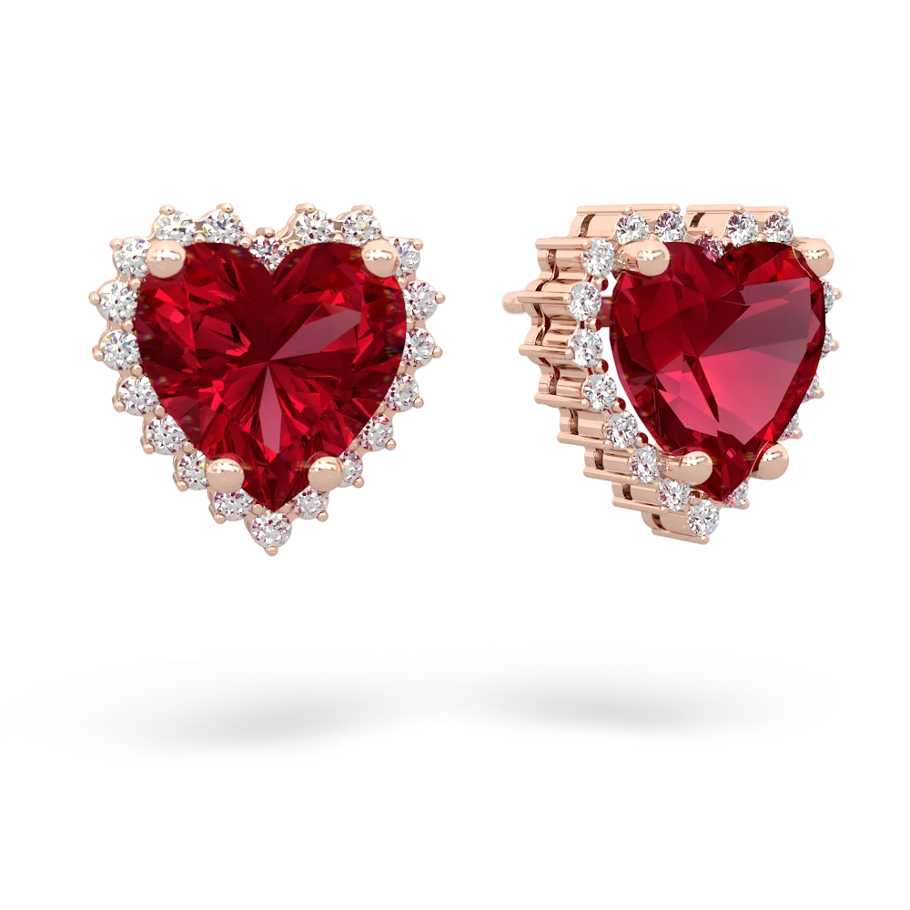 Lab Ruby Sparkling Halo Heart 14K Rose Gold earrings E0391