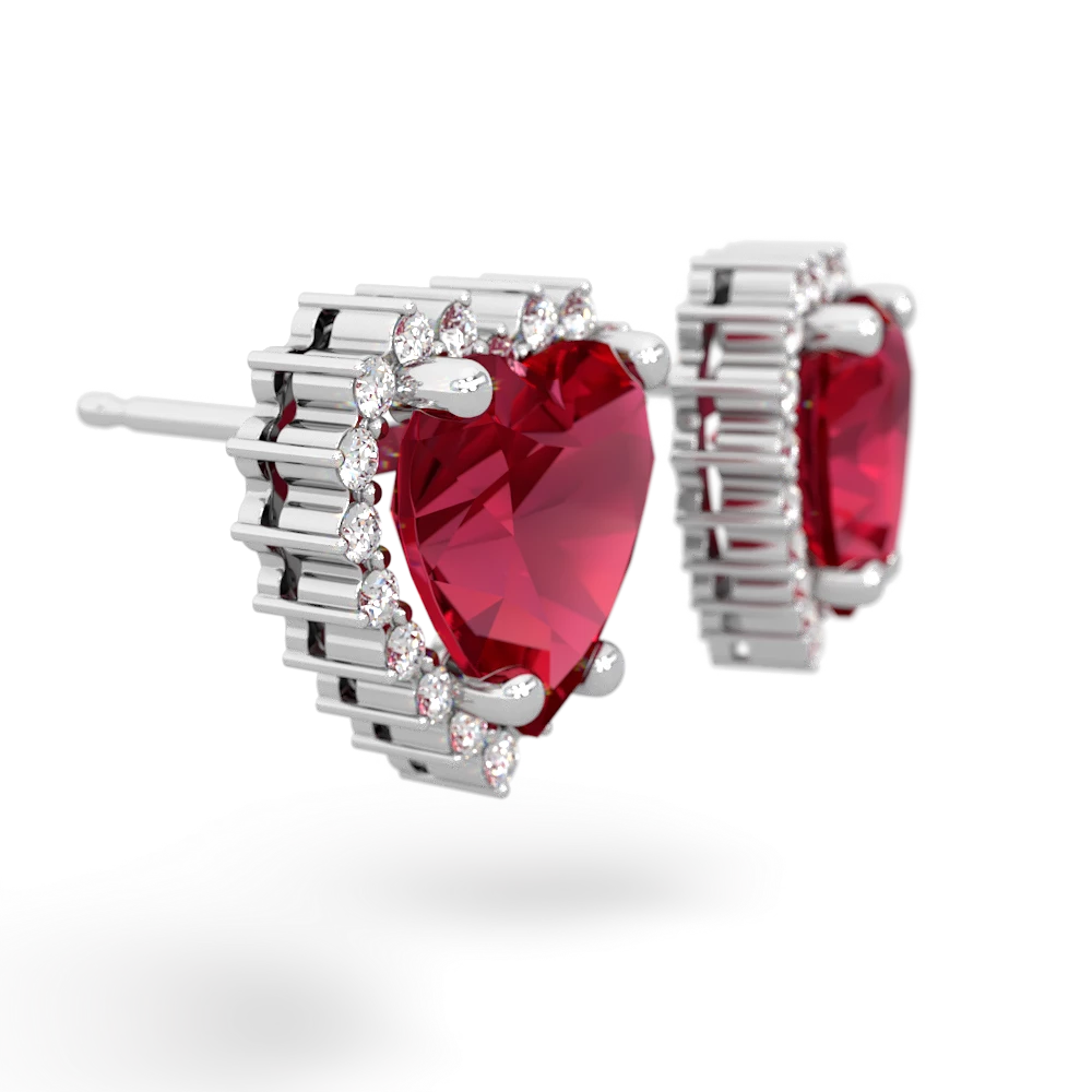 Lab Ruby Sparkling Halo Heart 14K White Gold earrings E0391