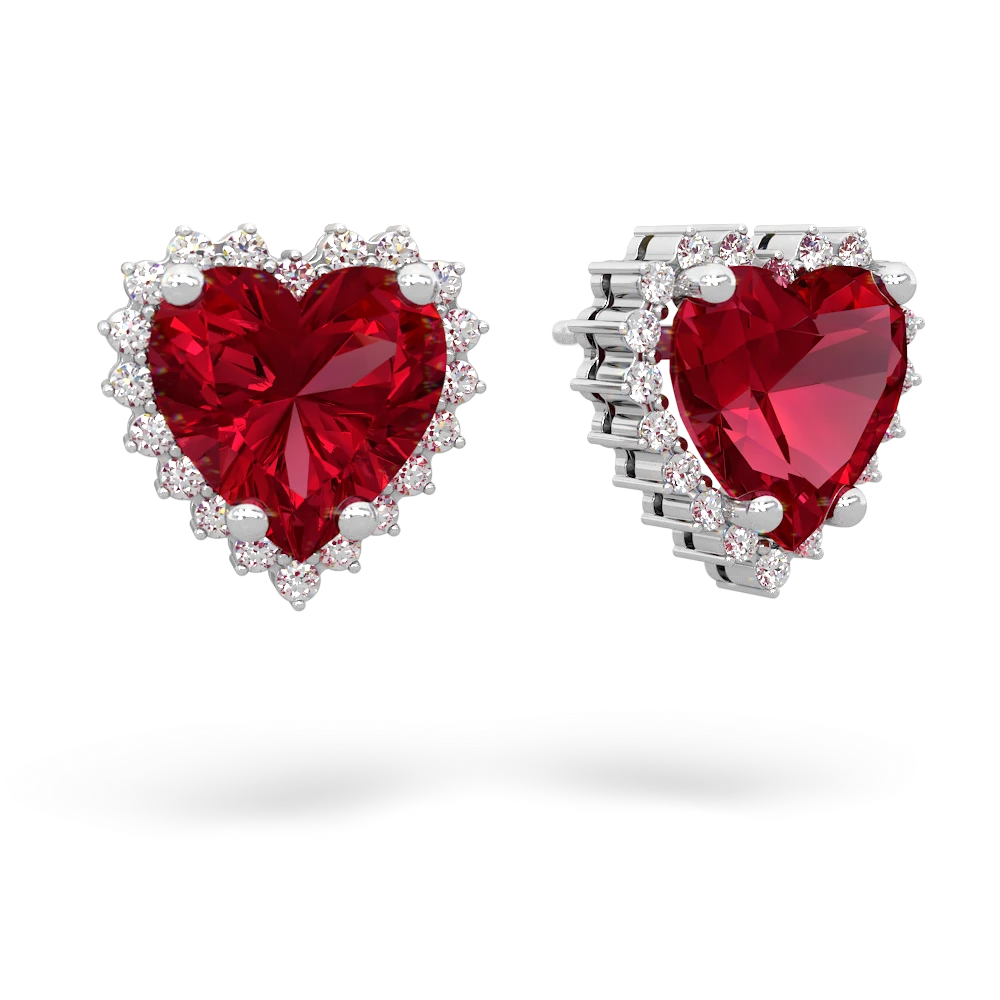 Lab Ruby Sparkling Halo Heart 14K White Gold earrings E0391