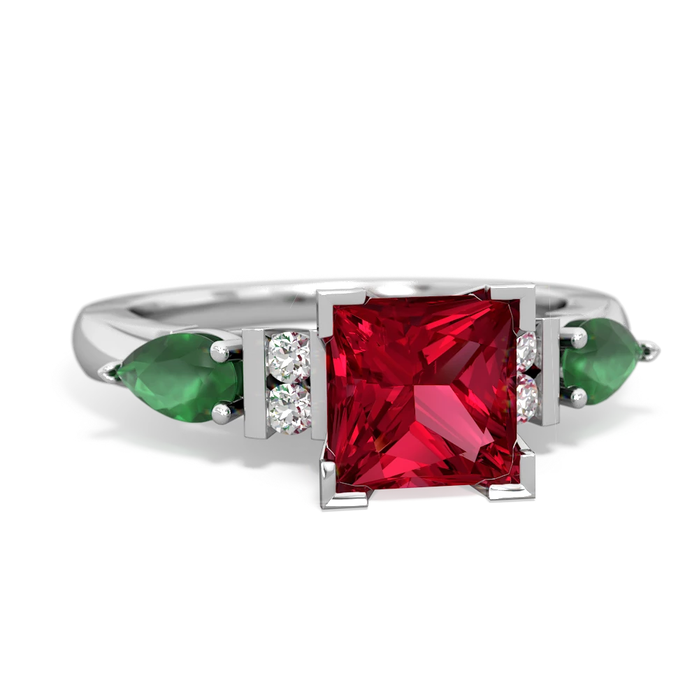 Lab Ruby 6Mm Princess Eternal Embrace Engagement 14K White Gold ring C2002