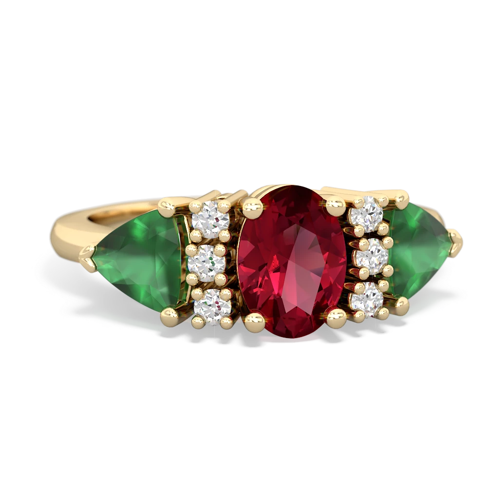 Lab Ruby Antique Style Three Stone 14K Yellow Gold ring R2186
