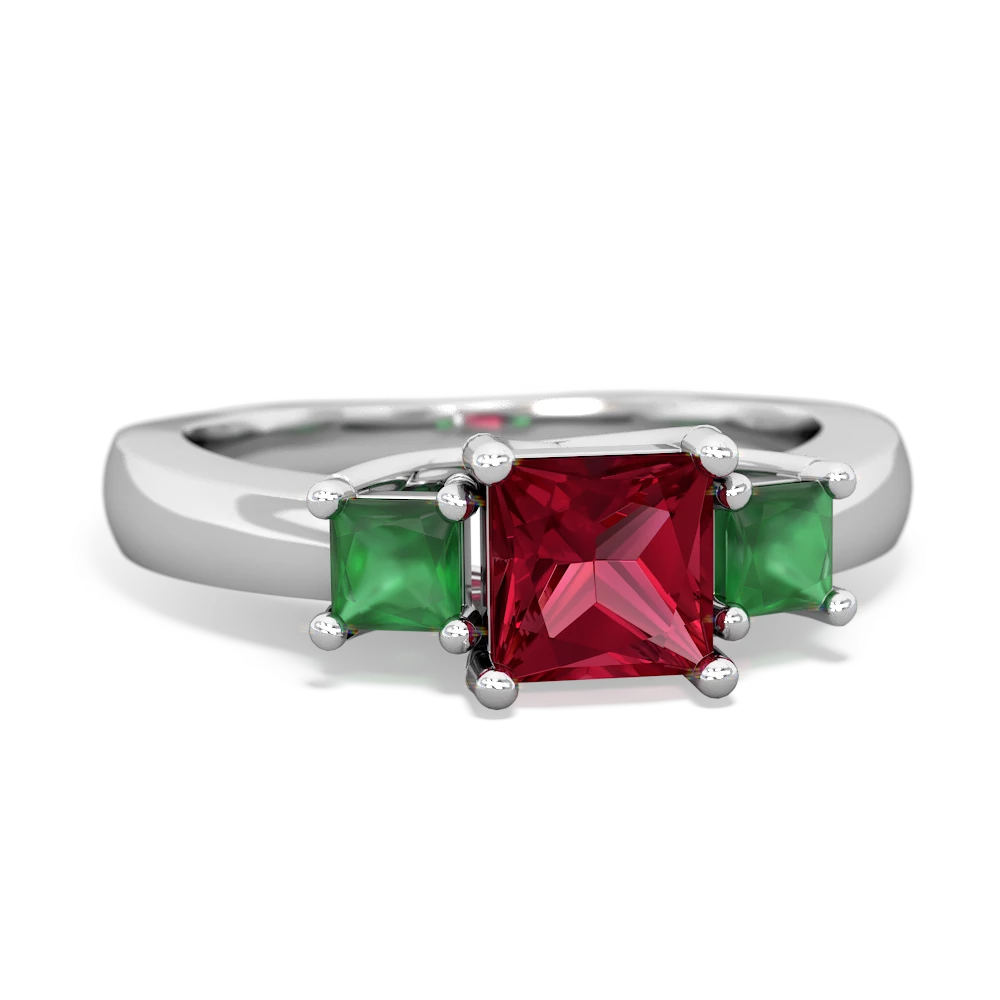 Lab Ruby Three Stone Trellis 14K White Gold ring R4015