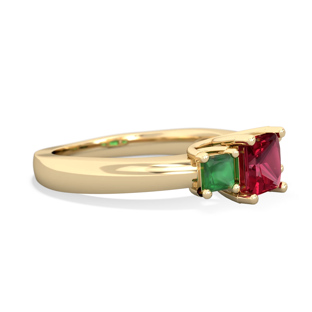 Lab Ruby Three Stone Trellis 14K Yellow Gold ring R4015