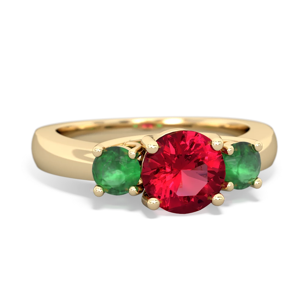 Lab Ruby Three Stone Round Trellis 14K Yellow Gold ring R4018