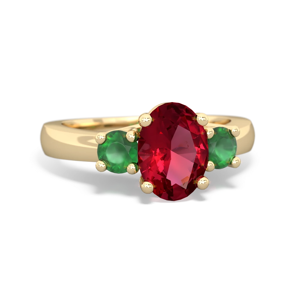 Lab Ruby Three Stone Oval Trellis 14K Yellow Gold ring R4024