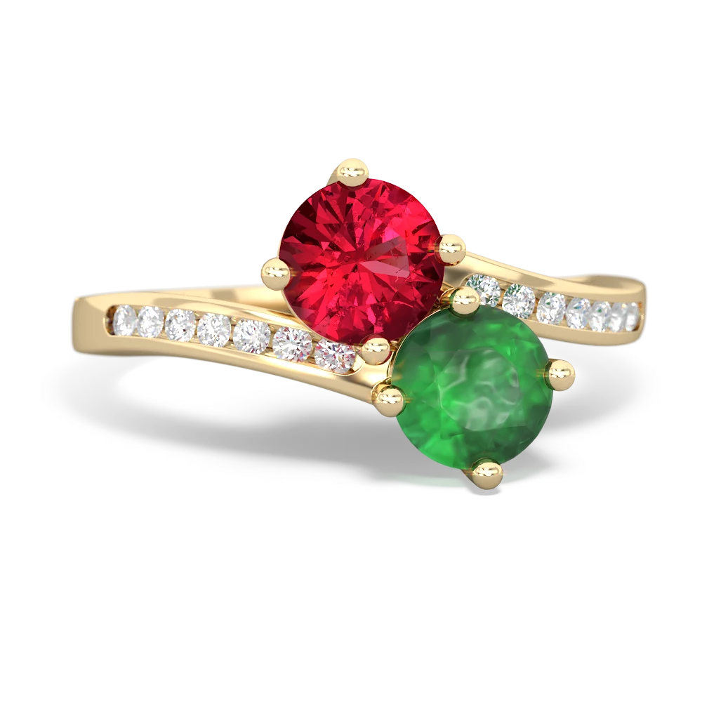 Lab Ruby Channel Set Two Stone 14K Yellow Gold ring R5303