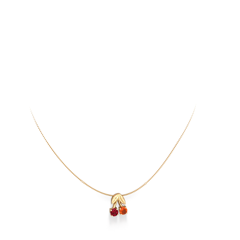 Lab Ruby Sweet Cherries 14K Yellow Gold pendant P7001