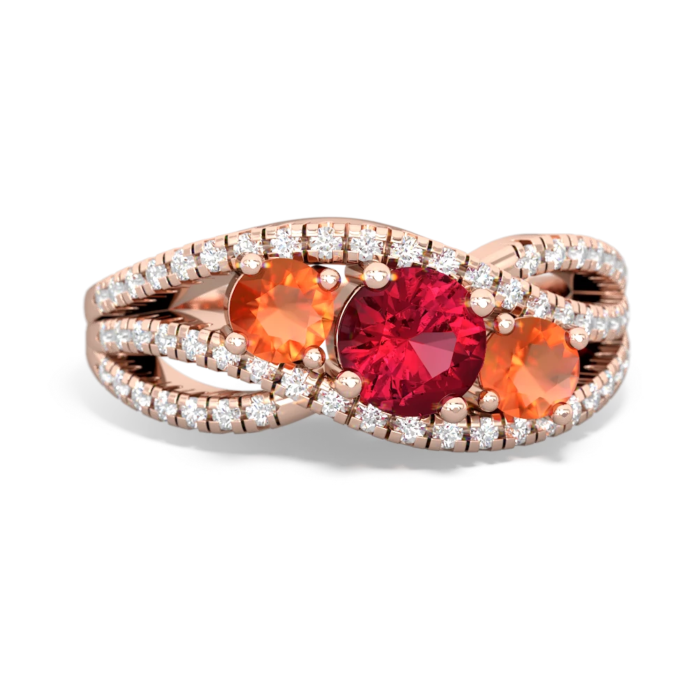 Lab Ruby Three Stone Aurora 14K Rose Gold ring R3080