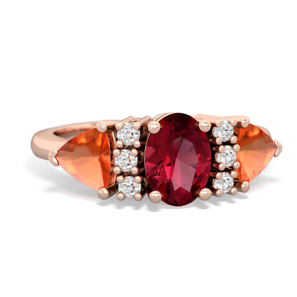 Lab Ruby Antique Style Three Stone 14K Rose Gold ring R2186