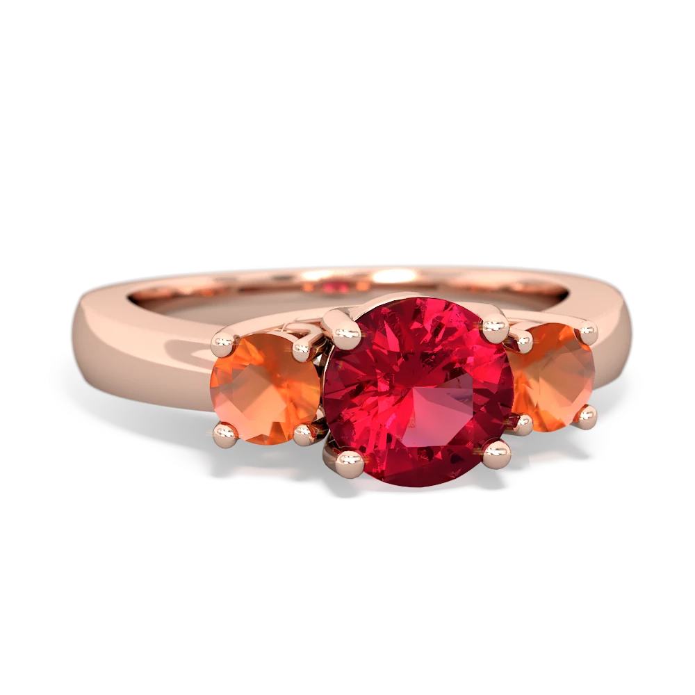 Lab Ruby Three Stone Round Trellis 14K Rose Gold ring R4018