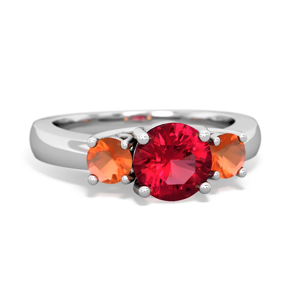 Lab Ruby Three Stone Round Trellis 14K White Gold ring R4018