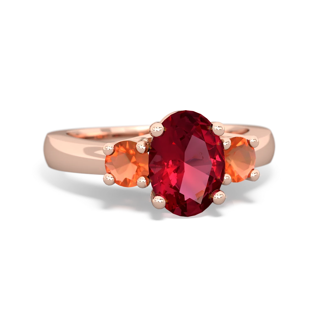 Lab Ruby Three Stone Oval Trellis 14K Rose Gold ring R4024