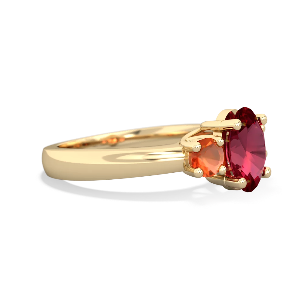 Lab Ruby Three Stone Oval Trellis 14K Yellow Gold ring R4024