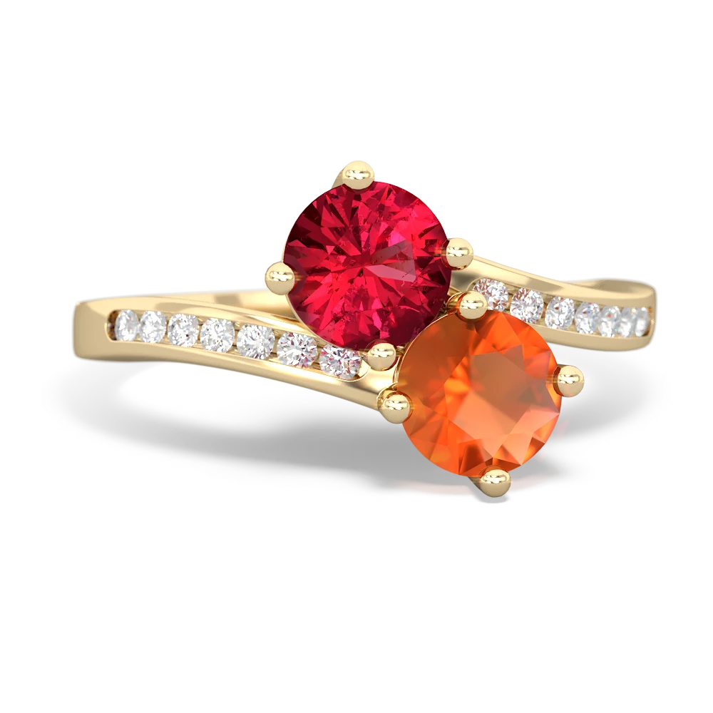 Lab Ruby Channel Set Two Stone 14K Yellow Gold ring R5303