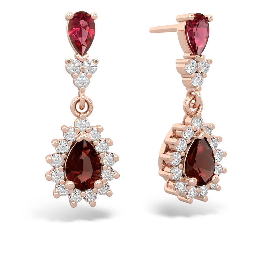 Lab Ruby Halo Pear Dangle 14K Rose Gold earrings E1882