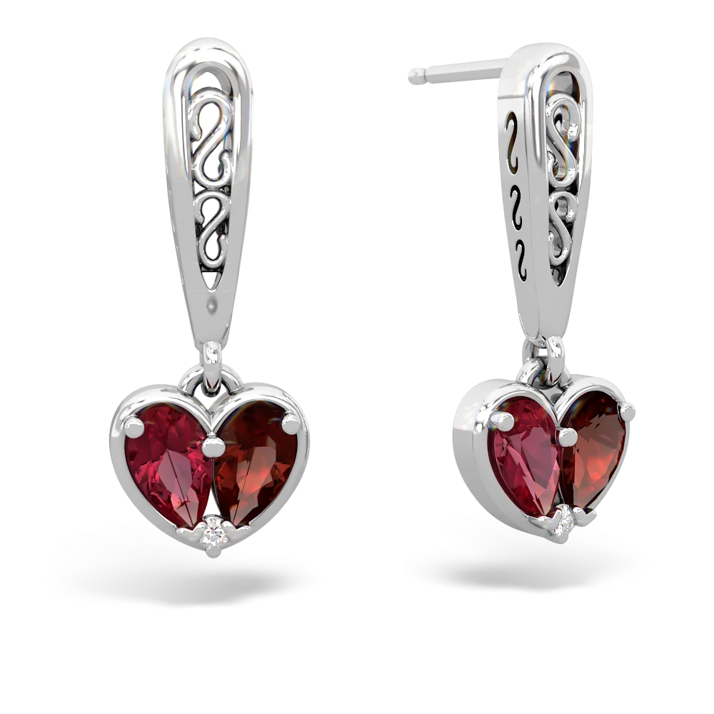 Lab Ruby Filligree Heart 14K White Gold earrings E5070